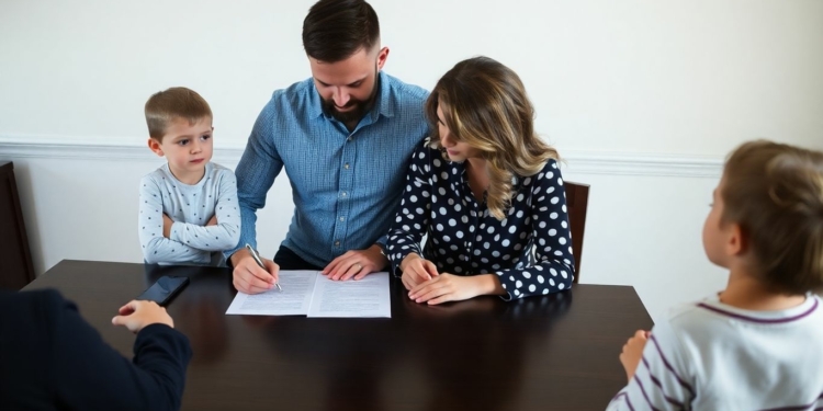 Couple signing prenup with children present