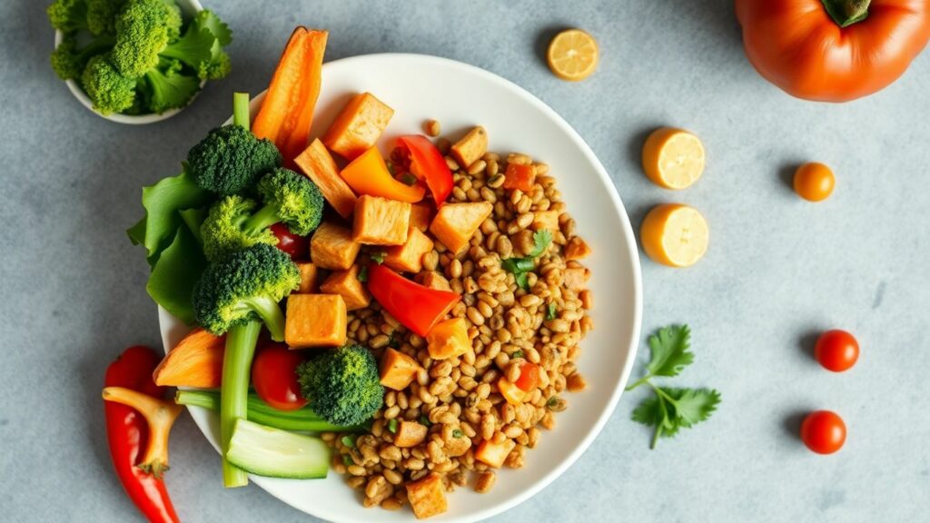Healthy vegan meal with protein and colorful vegetables.
