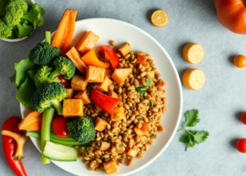 Healthy vegan meal with protein and colorful vegetables.