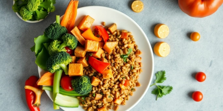 Healthy vegan meal with protein and colorful vegetables.