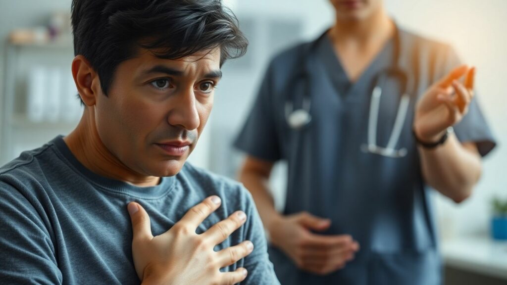 Person clutching chest, doctor nearby, medical setting.
