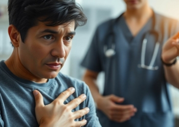 Person clutching chest, doctor nearby, medical setting.