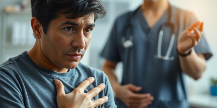 Person clutching chest, doctor nearby, medical setting.