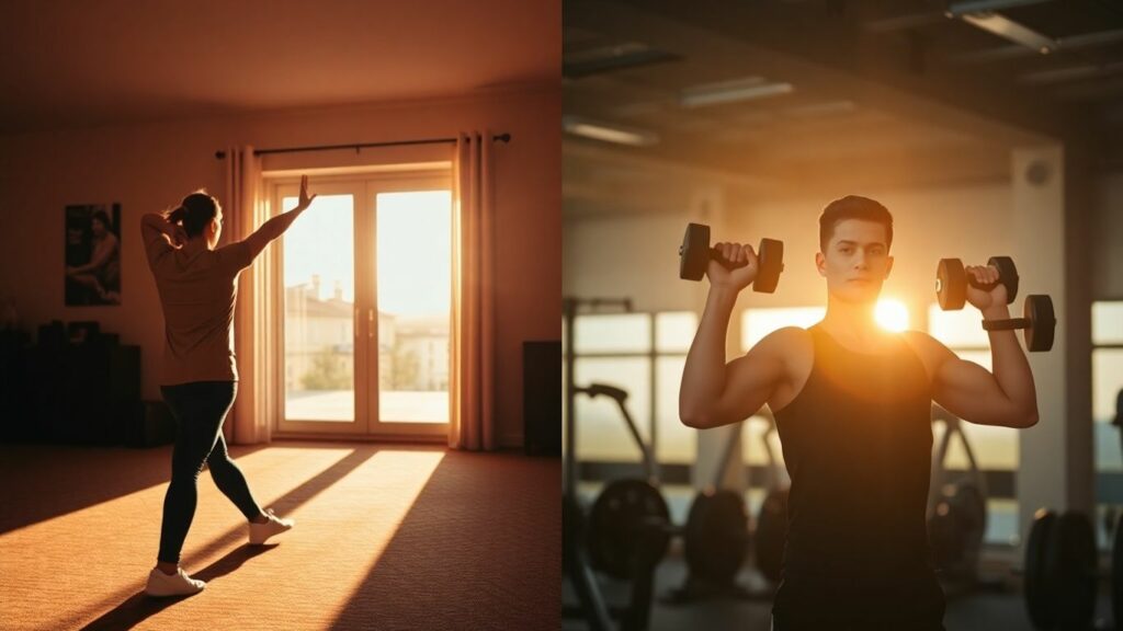 Person exercising in morning light versus evening gym setting.