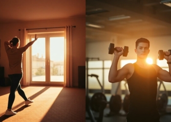 Person exercising in morning light versus evening gym setting.