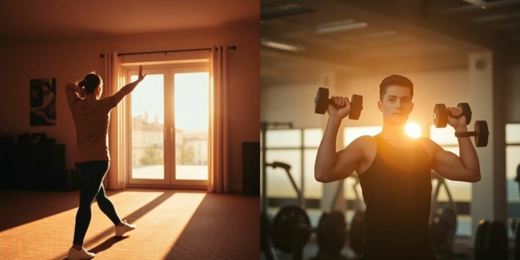 Person exercising in morning light versus evening gym setting.