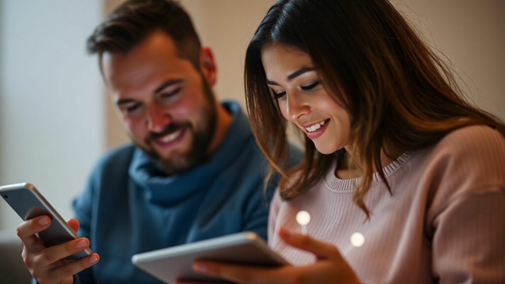 Couple interacting with technology in modern relationships.