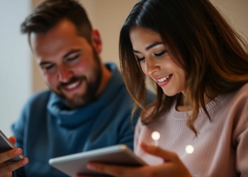 Couple interacting with technology in modern relationships.