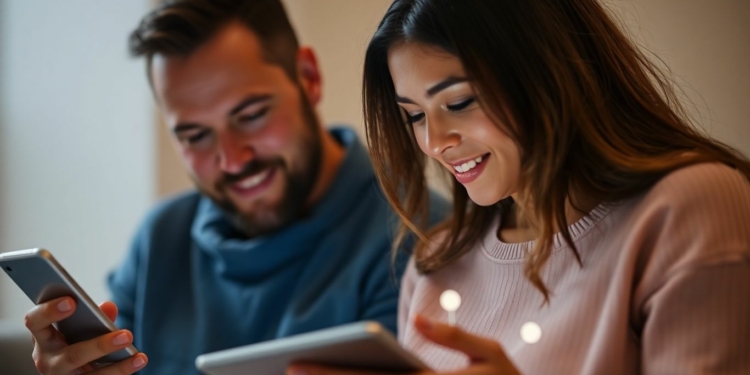 Couple interacting with technology in modern relationships.