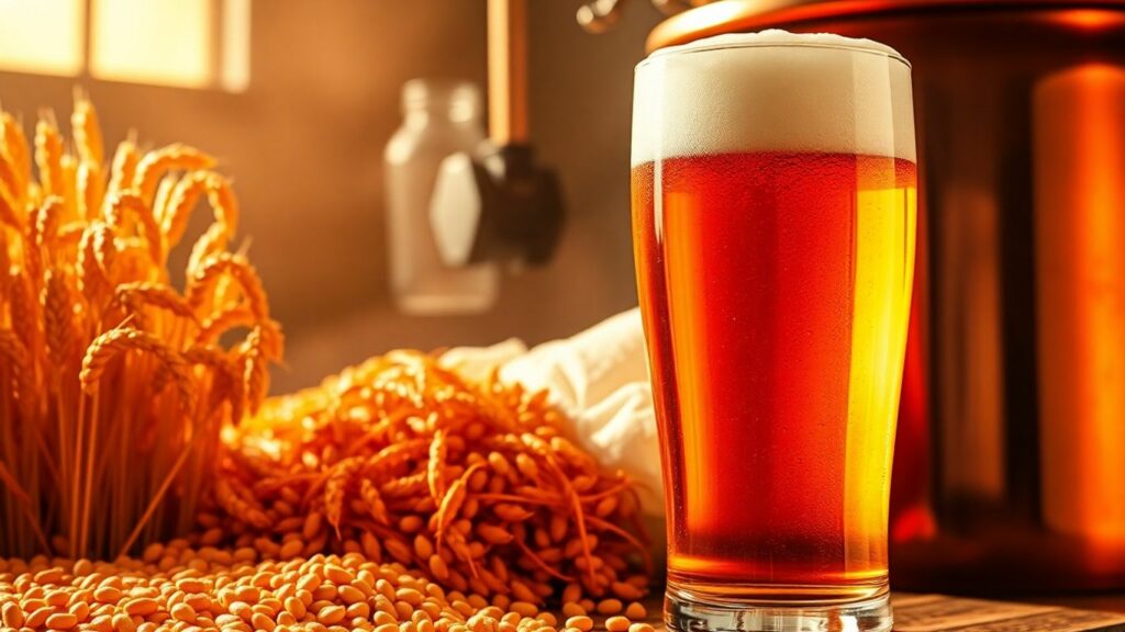 Golden grains, bubbling wort, and a frothy pint of beer.