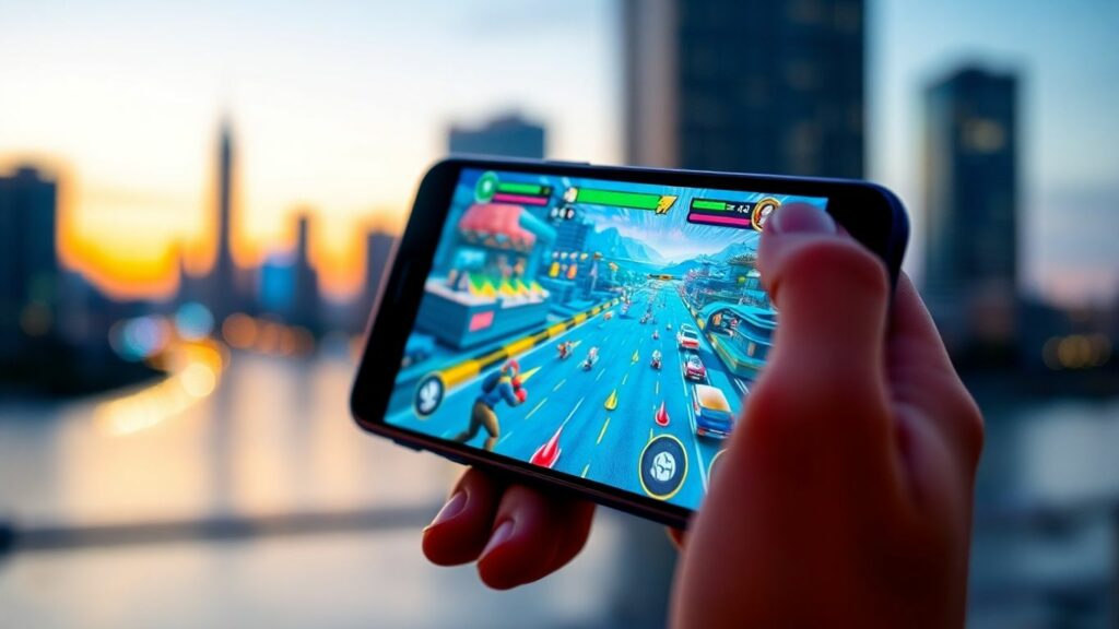 Hand holding smartphone playing a colorful mobile game outdoors.