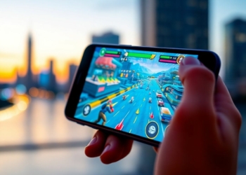 Hand holding smartphone playing a colorful mobile game outdoors.
