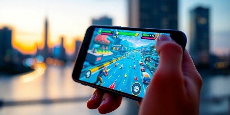 Hand holding smartphone playing a colorful mobile game outdoors.