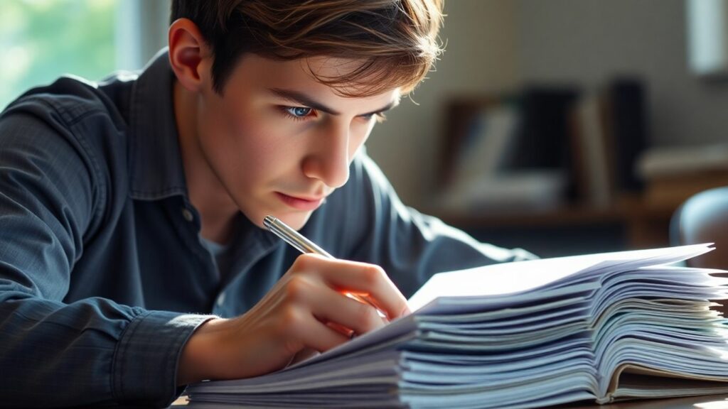 Student studying past exam papers with a pen.