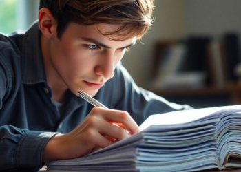 Student studying past exam papers with a pen.