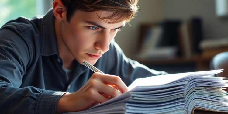 Student studying past exam papers with a pen.