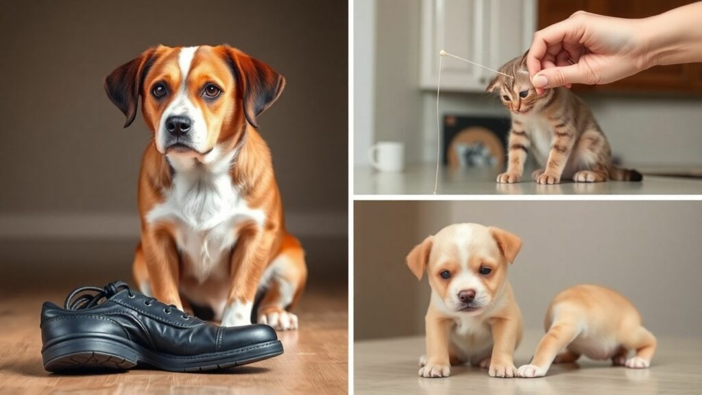 Pet owner correcting a dog and cat's bad habits.