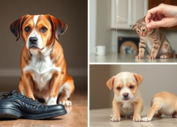 Pet owner correcting a dog and cat's bad habits.