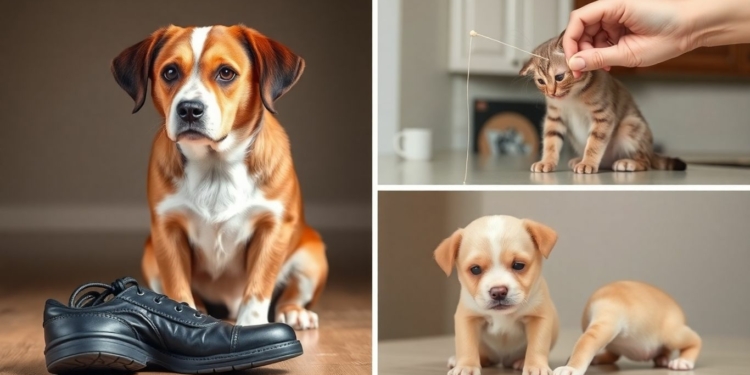 Pet owner correcting a dog and cat's bad habits.