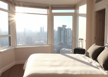 Modern apartment interior with city view and suitcase.