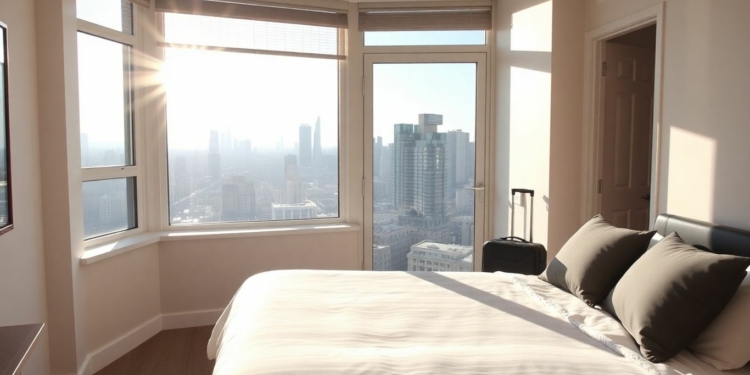 Modern apartment interior with city view and suitcase.