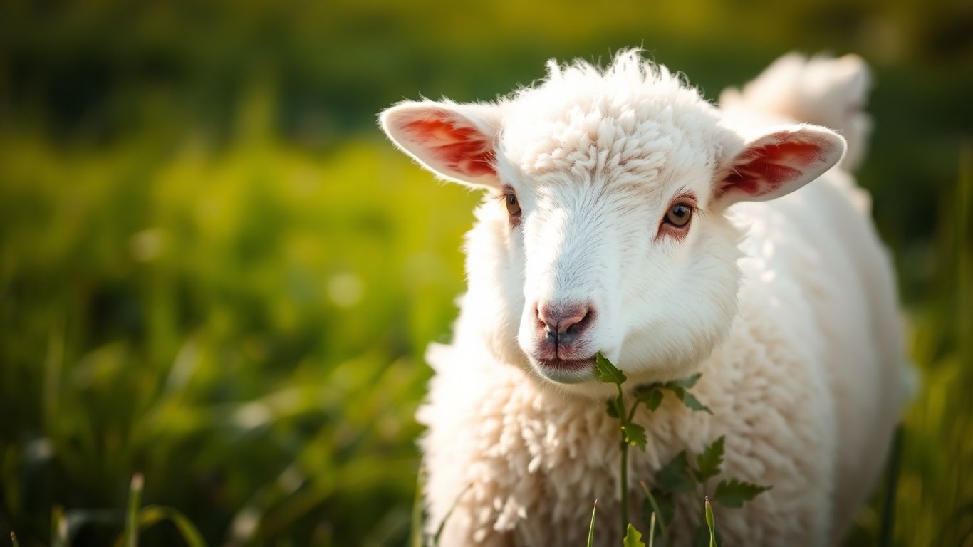 Fluffy sheep eating grass in a sunny field.