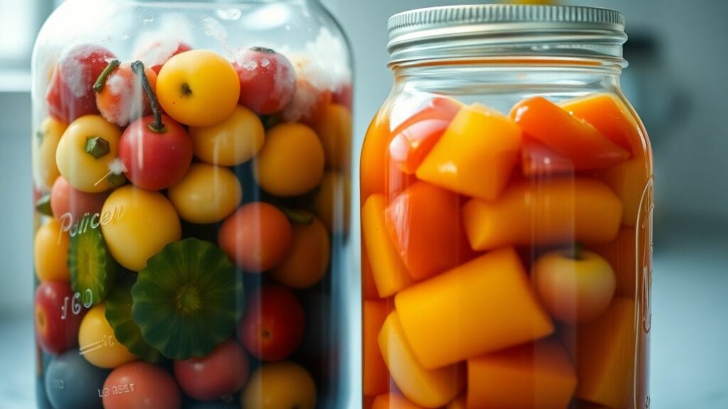 Home canning jars filled with colorful fruits and vegetables.