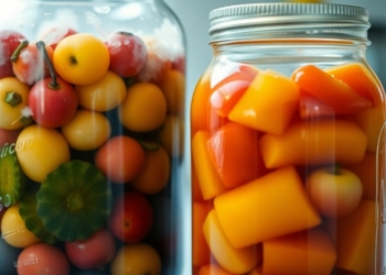 Home canning jars filled with colorful fruits and vegetables.
