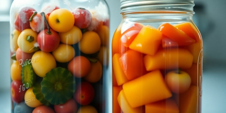 Home canning jars filled with colorful fruits and vegetables.