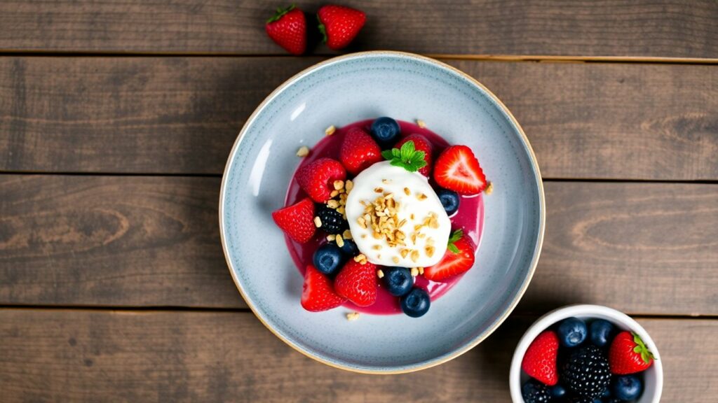 Healthy dessert with berries and nuts