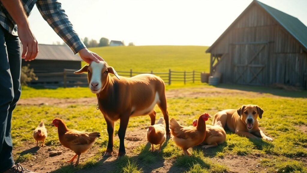 Person petting a goat on a sunny farm.