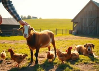 Person petting a goat on a sunny farm.