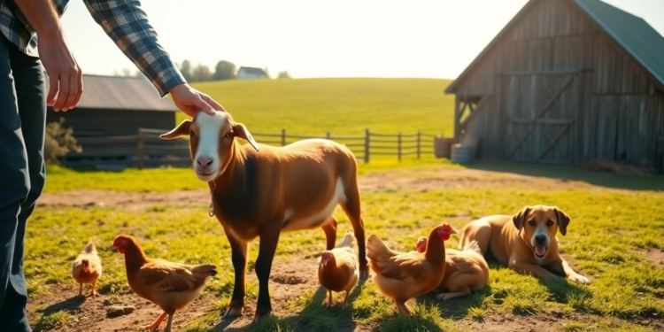 Person petting a goat on a sunny farm.
