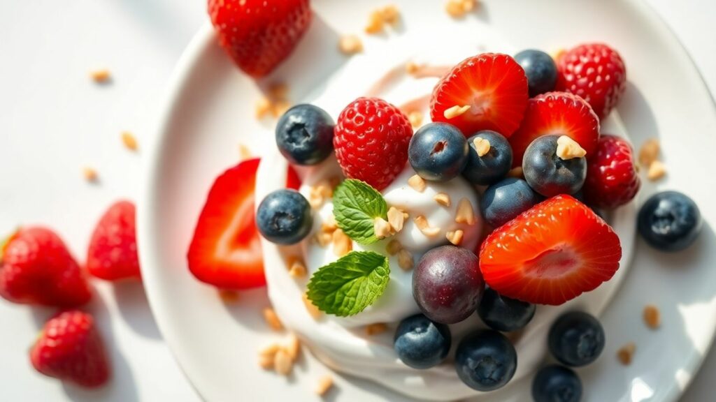 Healthy dessert with fresh berries and yogurt.