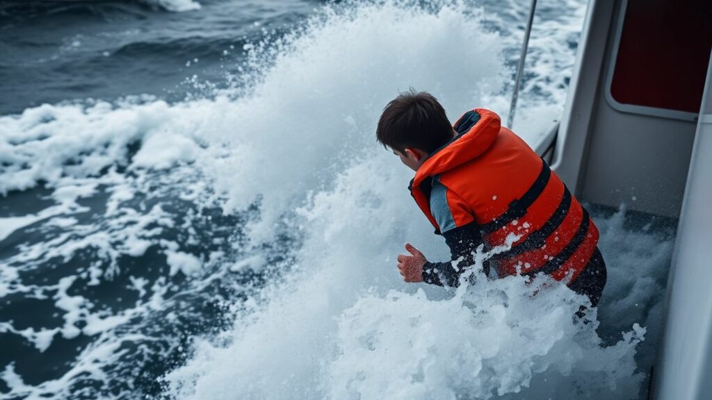Person in life jacket on a boat during rough seas.
