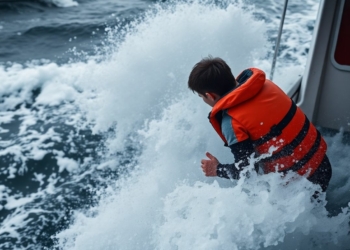 Person in life jacket on a boat during rough seas.