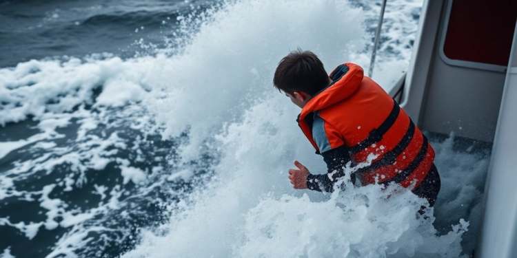 Person in life jacket on a boat during rough seas.