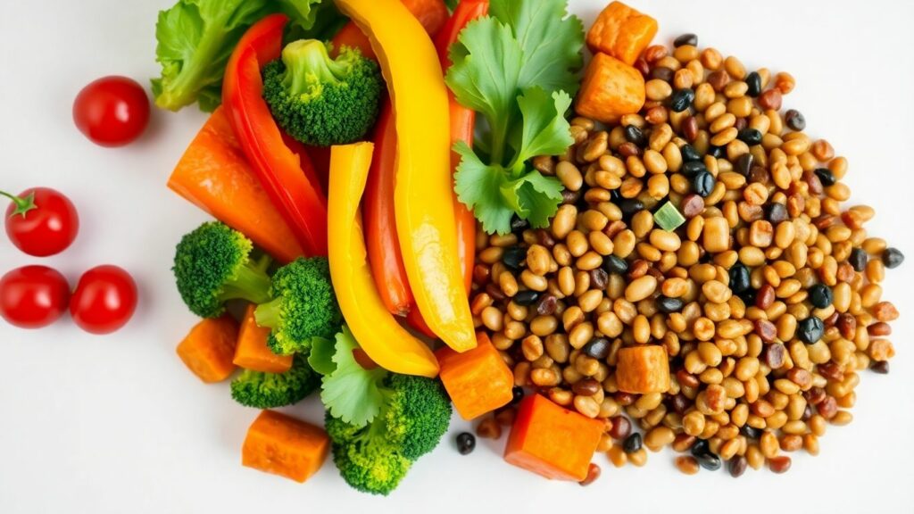 High-protein vegan meal with colorful vegetables and plant-based protein.