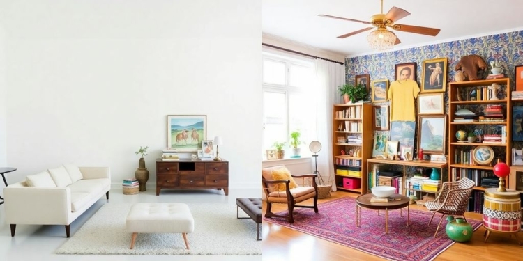 Minimalist room contrasted with maximalist room