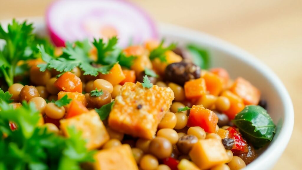 Healthy vegan meal with colorful vegetables and plant-based protein.