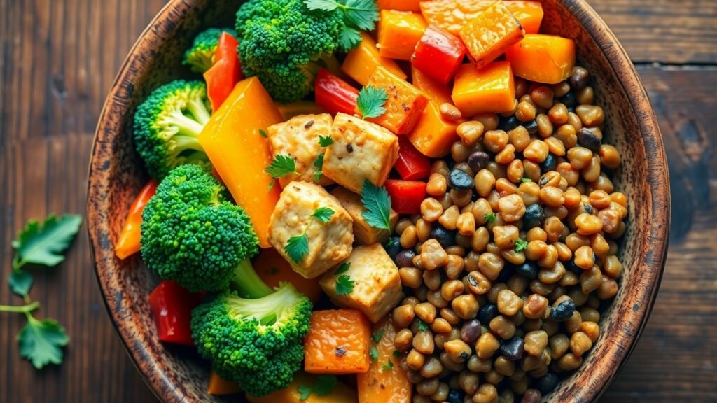 High-protein vegan meal with colorful vegetables and plant-based protein.