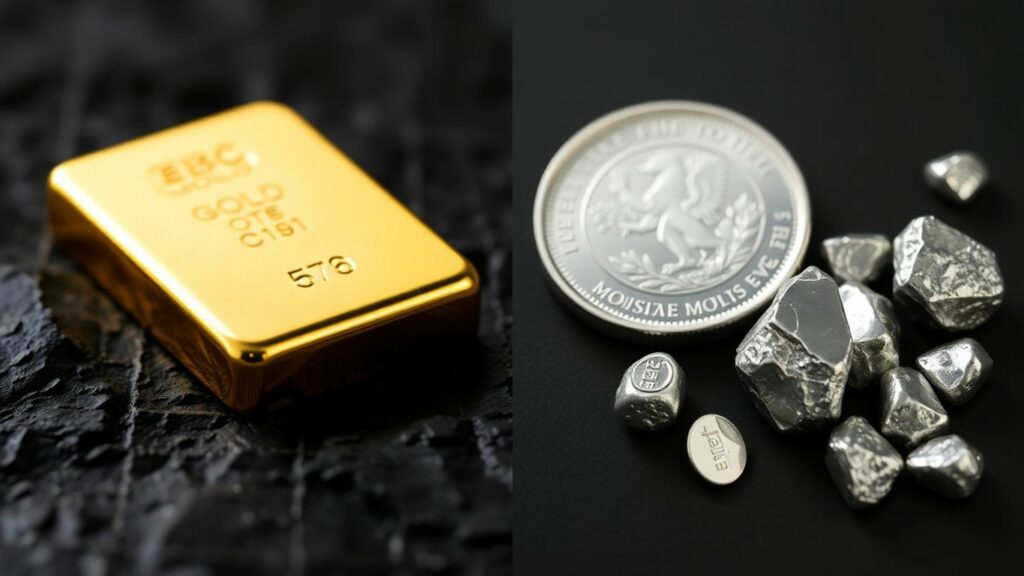 Gold bar and silver coins with nuggets.