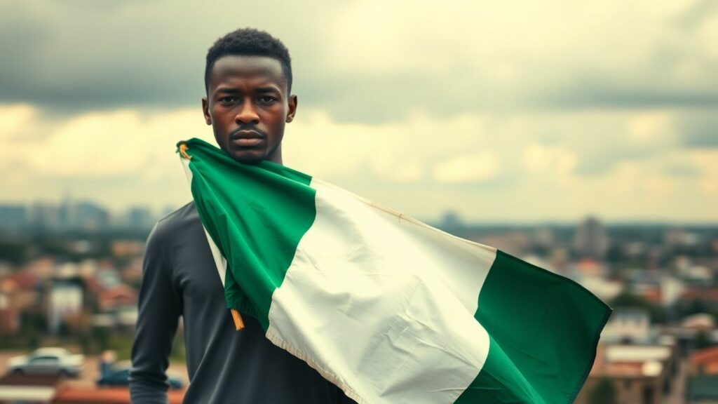 Young Nigerian looking at tattered flag