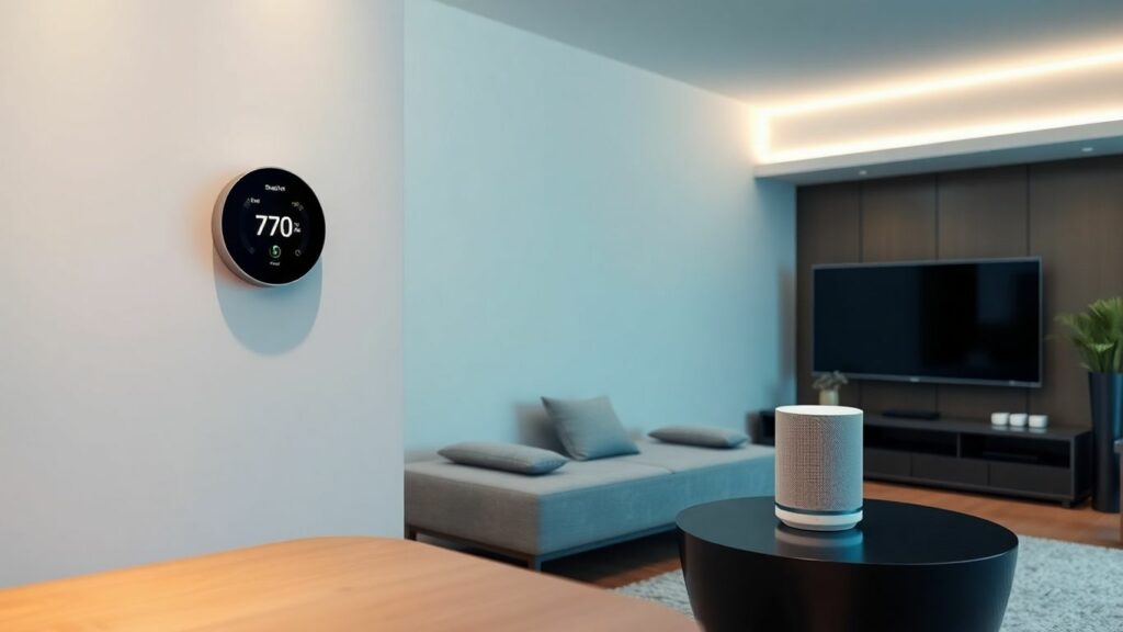 Smart home interior with integrated devices and ambient lighting.