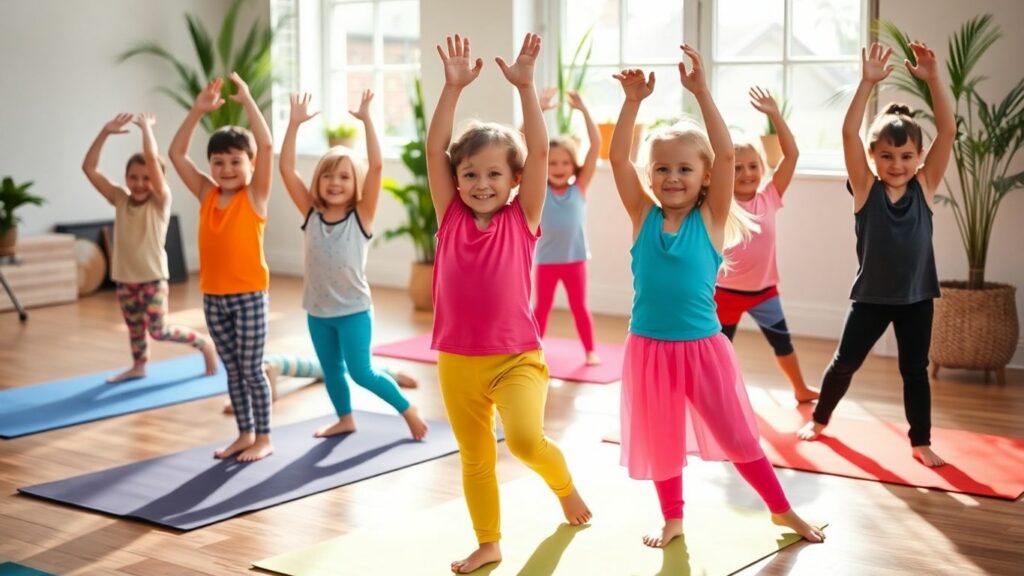 Kids practice yoga poses together outdoors on mats.