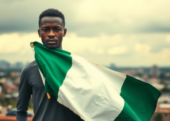 Young Nigerian looking at tattered flag