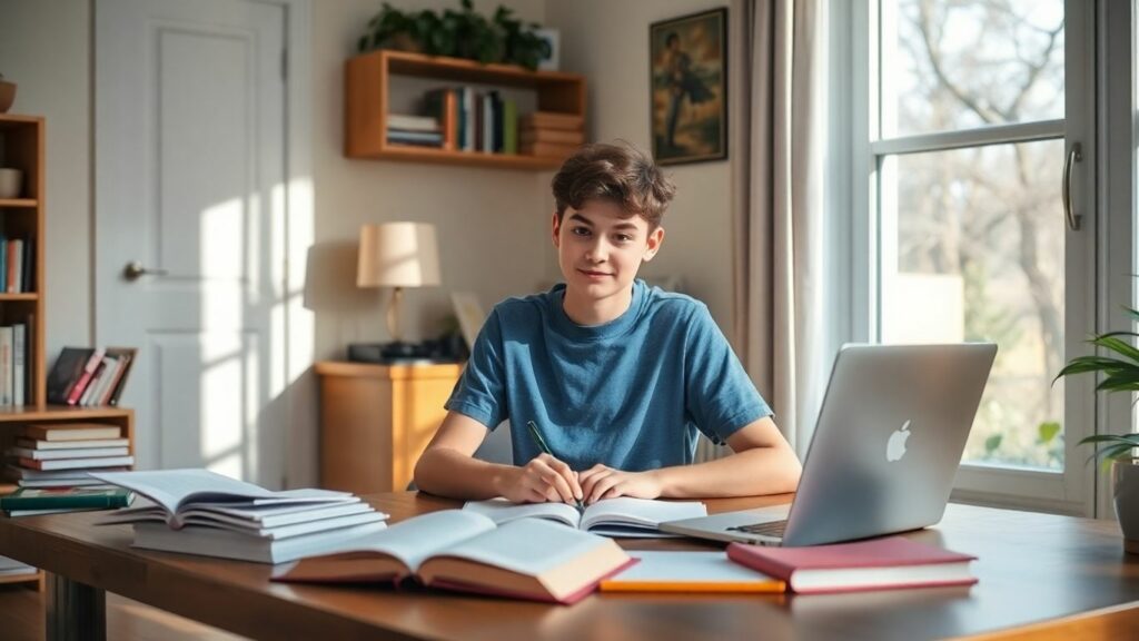 Homeschool teen studying at desk with books and laptop