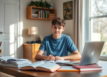 Homeschool teen studying at desk with books and laptop