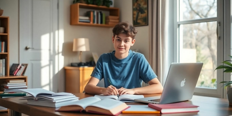 Homeschool teen studying at desk with books and laptop