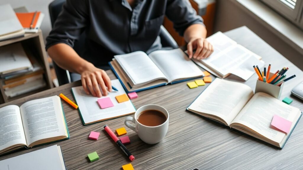 Student studying with notes and coffee at desk